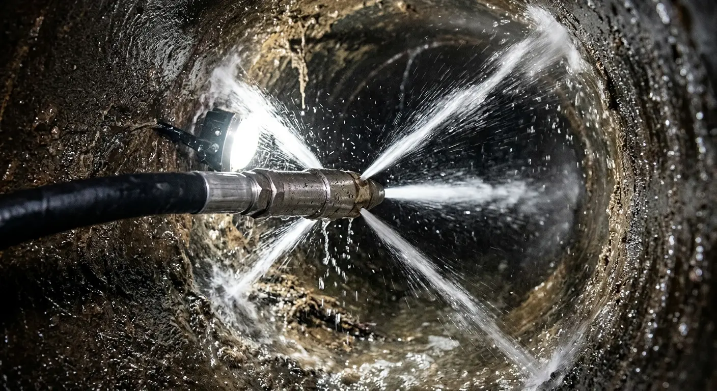 High-pressure hydro jetting nozzle cleaning sewer pipe for Emergency Drain Service in Green Hill