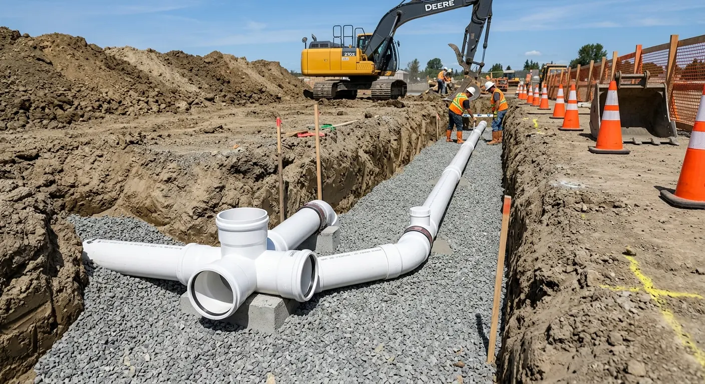 New PVC sewer pipe installation in open trench for Sewer Backup in Green Hill