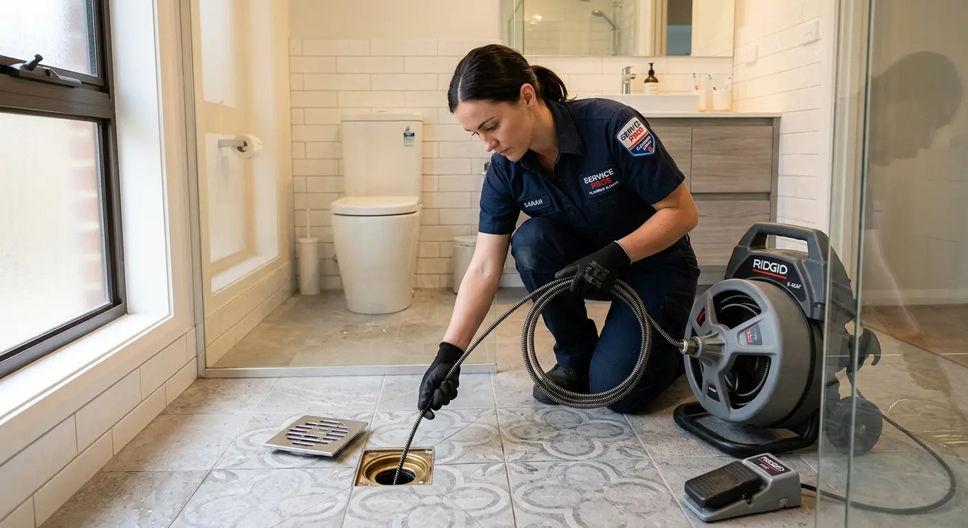 Technician clearing a bathroom floor drain for Sewer Line Installation in Green Hill